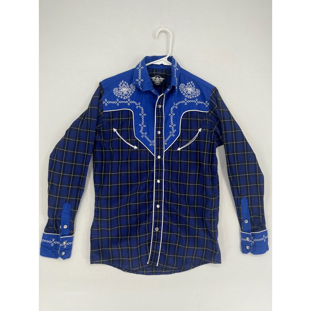 1901 Western Snap Shirt Mens Small Blue Plaid Embroidered Yoke Long Sleeve Top